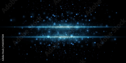 Blue glitter particle background with shining neon stars falling down and light flare overlay effect, luxury product design. Magic background, light, shine, bokeh, sparkles on a black background