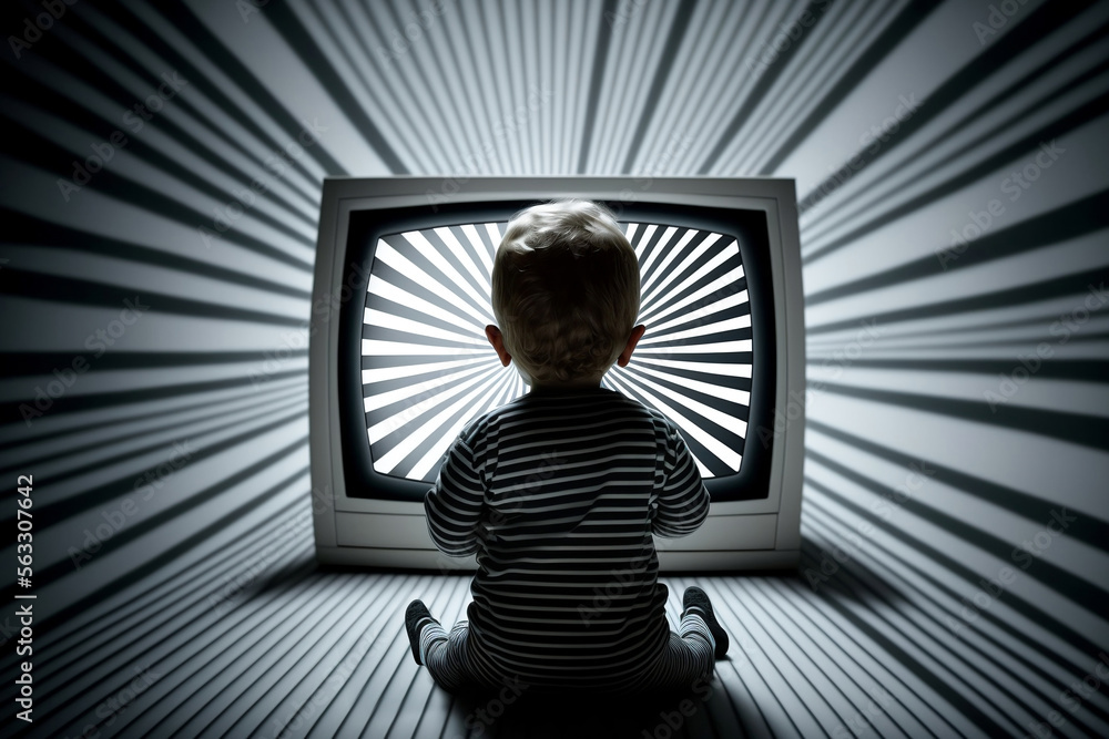 un enfant est hypnotisé par un écran de télévision, danger des écrans sur le développement du bébé - illustration ia - obrazy, fototapety, plakaty 