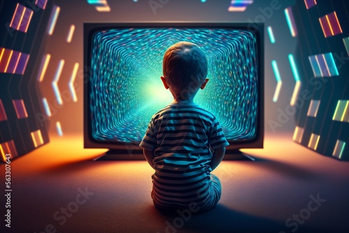 un enfant est hypnotisé par un écran de télévision, danger des écrans sur le développement du bébé - illustration ia