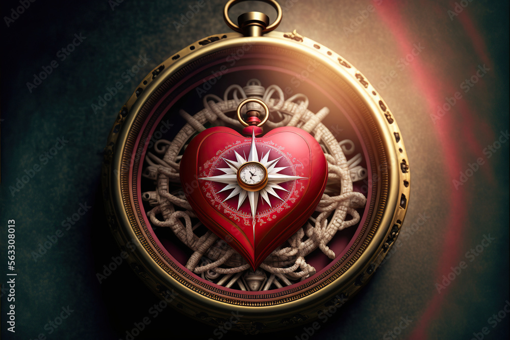 Beautiful fantasy compass in the shape of a heart, Generative AI