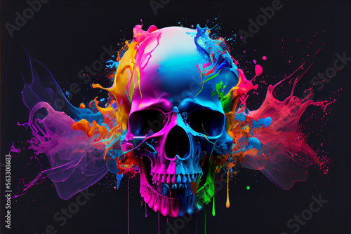 Beautiful abstract Human skull splashed in colorful paint concept, contemporary colors and mood social background.