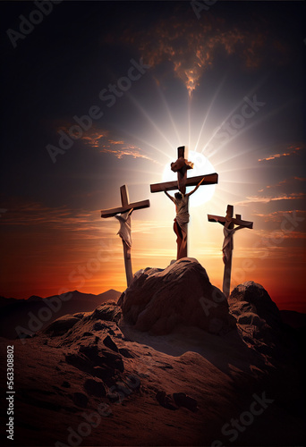 Fototapete Jesus Christ At Sunrise - Three Crosses On Hill