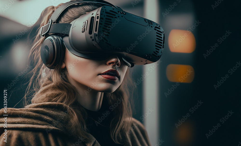 Woman with VR headset in metaverse. Metaverse, future, digital technology concept. Generative AI illustration. copy space Woman with VR headset in metaverse. Metaverse, future, digital technology concept. Generative AI illustration. copy space