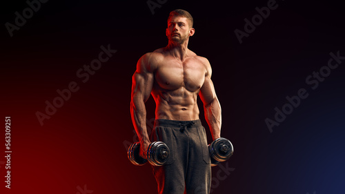 Power male athlete training arms muscles. Handsome guy fitness model posing well perfect trained body, biceps, chest and abs. Strong male shirtless torso, working out