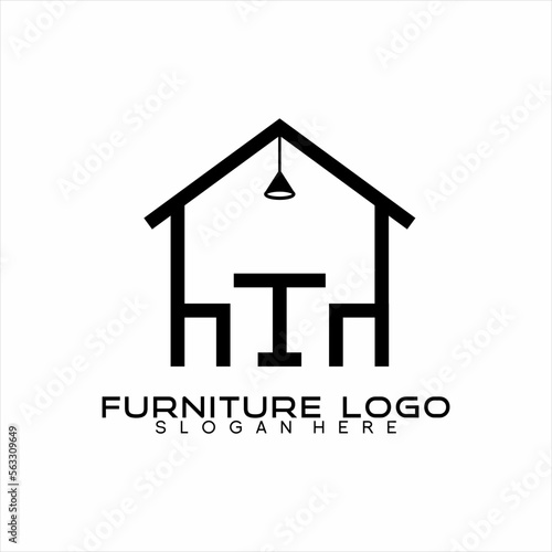 House illustration logo design with table and chairs and lamp, logo can be used for real estate business and home interior furniture.