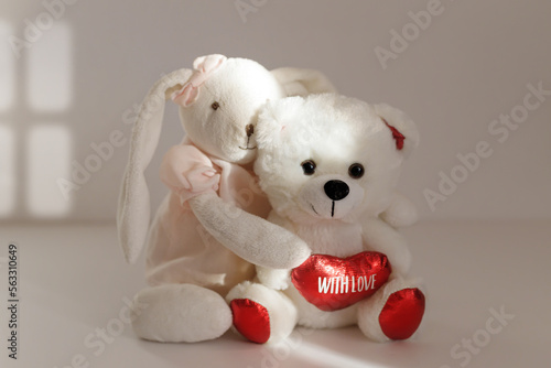 Teddy bunny hugging a teddy bear holding a red toy heart