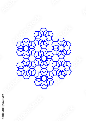 gruppe aus sieben miteinander verbundenenn blauen sechsecken verschiedener größe symmetrisch kombi,iert