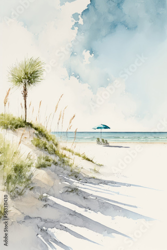 Beach with palm tree watercolor painting.