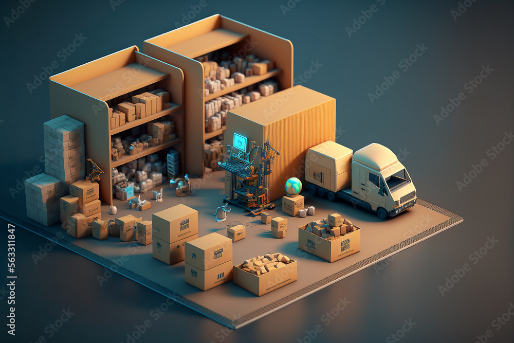 Isometric diorama of a logistic and transportation concept - AI generative