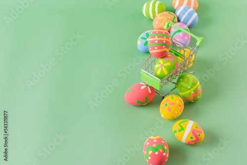 Easter eggs many color on trolley for easter background