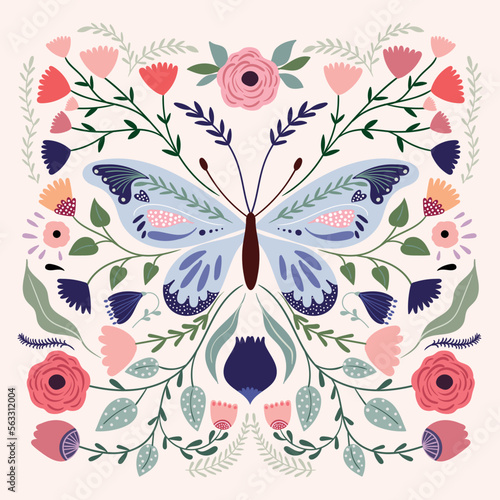 Canvas Print Spring summer butterfly composition, poster, greeting card with flowers in bloom