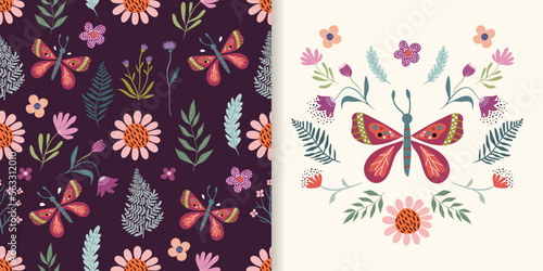 Spring summer set with seamless pattern and seasonal composition, poster, card with butterfly and floral arrangement