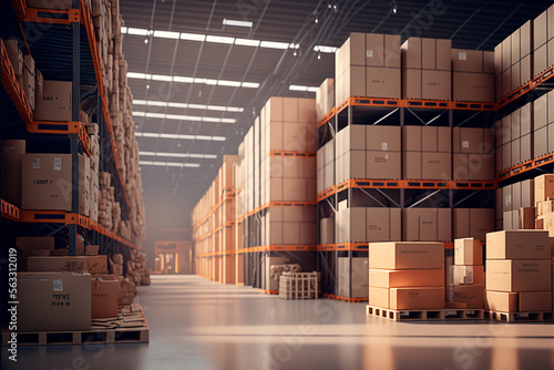 Canvas Print Large industrial warehouse with shelves full of goods - AI generative