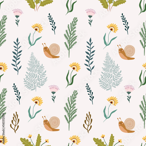Spring seamless pattern with flowers, plants and snails, pastel colors