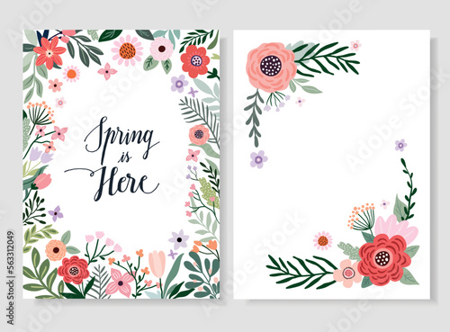 Spring time set with greeting cards, invitation, poster, floral frame, seasonal design and hand lettering