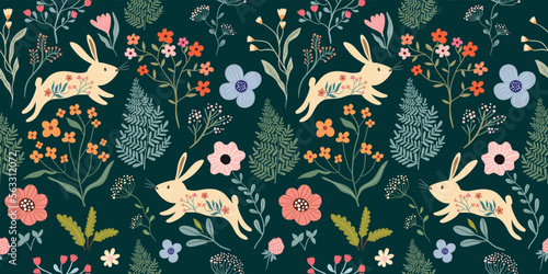 Spring seamless pattern with floral design and cute bunnies, different flowers and plants, seasonal wallpaper