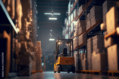 Forklift loads pallets and boxes in warehouse - AI generative