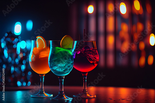 Drei verschiedene Cocktails auf einer Theke in einer Bar mit lichter im Bokeh im Hintergrund - Generative Ai 