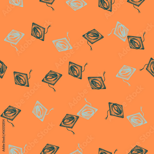 Graduate hat engraved seamless pattern. Vintage element education in hand drawn style. Sketch texture for fabric, wallpaper, textile, print, title, wrapping paper. Vector illustration.