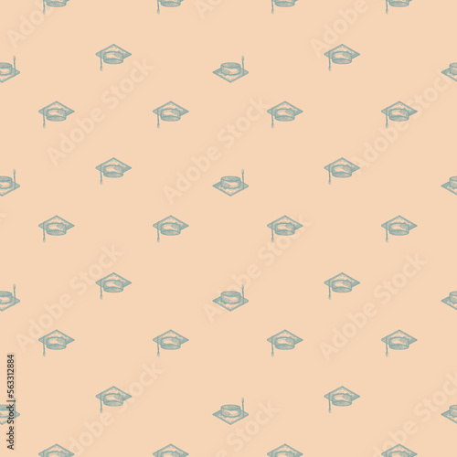 Graduate hat engraved seamless pattern. Vintage element education in hand drawn style. Sketch texture for fabric, wallpaper, textile, print, title, wrapping paper. Vector illustration.