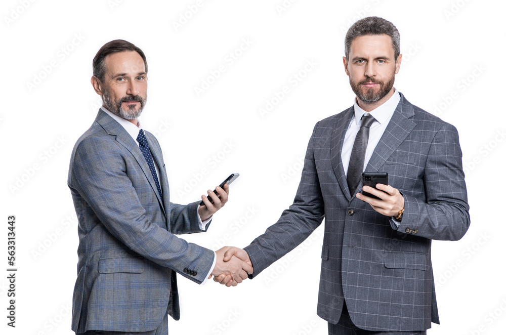 men texting message with handshake in studio. men texting message on phone isolated on white