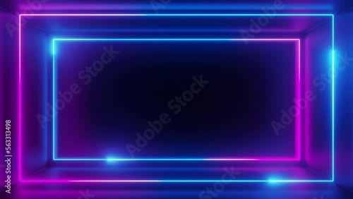 Wallpaper Mural pink blue rectangle neon stripe frame on black room background, copy space ,looped,4k resolution, light sweep glowing animate. Torontodigital.ca