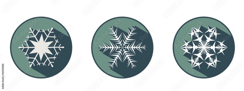 Set of three stylish white snowflakes with shadows. New Year's attributes in trendy colors of 2023. The illusion of a three-dimensional image. Set of three stylish white snowflakes with shadows. New Year's attributes in trendy colors of 2023. The illusion of a three-dimensional image.