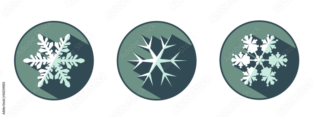 Set of three stylish white snowflakes with shadows. New Year's attributes in trendy colors of 2023. The illusion of a three-dimensional image. Set of three stylish white snowflakes with shadows. New Year's attributes in trendy colors of 2023. The illusion of a three-dimensional image.