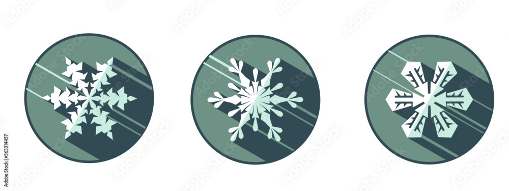 Set of three stylish white snowflakes with shadows. New Year's attributes in trendy colors of 2023. The illusion of a three-dimensional image. Set of three stylish white snowflakes with shadows. New Year's attributes in trendy colors of 2023. The illusion of a three-dimensional image.