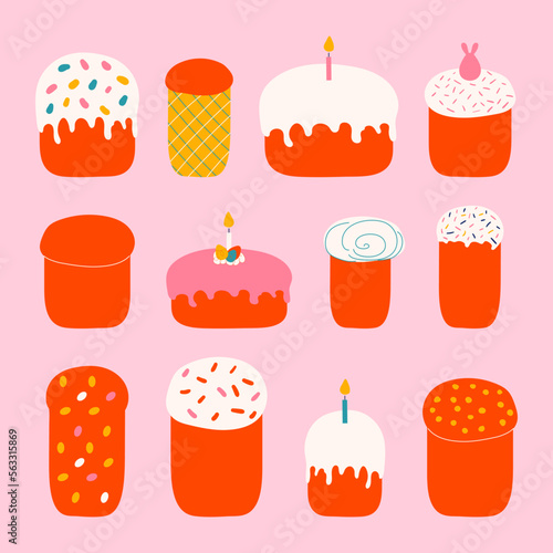 Set of Easter cakes vector illustration isolated on pink. Easter bread collection decorated with glaze with sprinkles, light candles and eggs. Hand drawn clip art elements