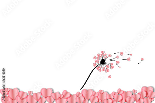 The wind blows a dandelion spring with a paper heart form. Creative Valentine's concept.