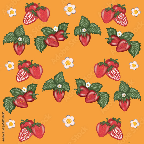 Fototapeta Naklejka Na Ścianę i Meble -  seamless background with strawberries seamless pattern with berries seamless pattern with red berries seamless pattern with leaves seamless pattern with hearts and strawberry