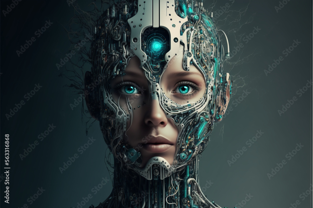 Robot cyborg skull woman with humanoid face looking into the camera