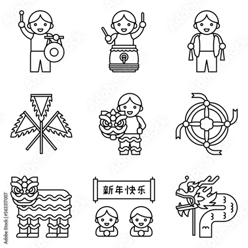 Lion dance related vector icon set photo