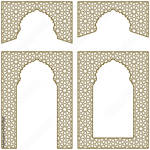 Arches, frames and additional design elements. Arabic geometric ornament.Brown color.Wide option