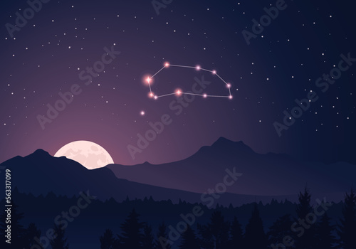 Vector constellation Piscis Austrinus in dark purple, starry sky. Misty hills, rising moon, dark forest, mountains photo