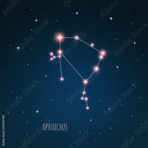 Constellation scheme in starry sky. Open space. Vector illustration Ophiuchus constellation through a telescope