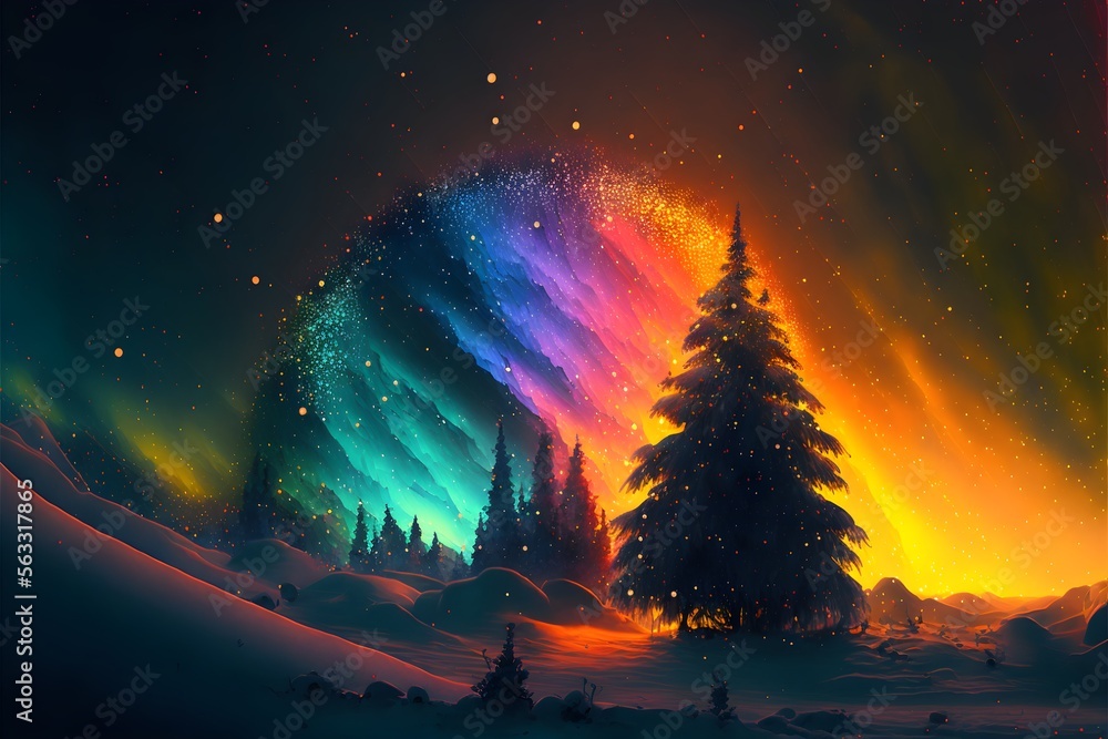 A neon-lit rainbow background with trees, generative ai