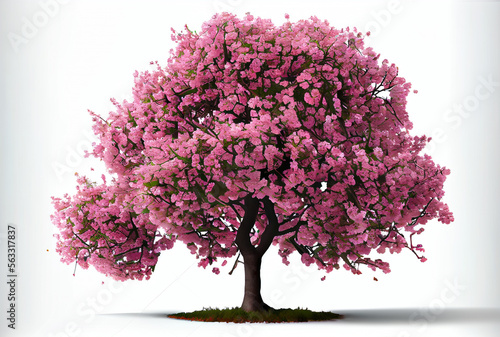 Large pink Cherry Blossom tree on white background. Digital art style. Generative AI