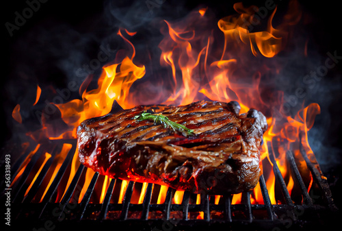 T-Bone steak or Porterhouse on grill with blazing fire flame. Food and cuisine concept. Generative AI