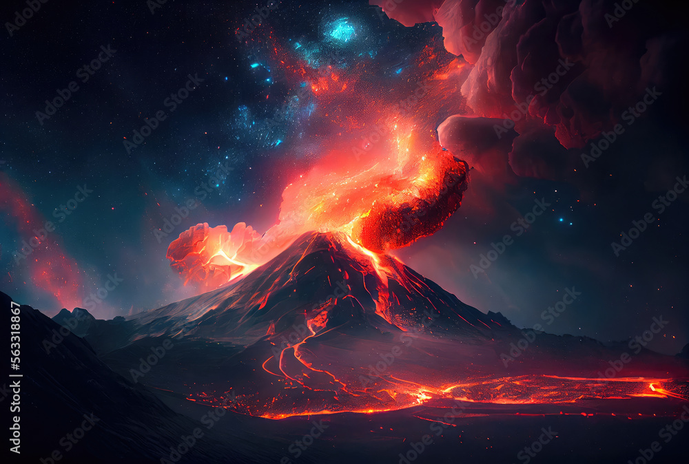 The volcano erupted with hot lava and black smoke covering the sky. Nature and disaster concept. Generative AI