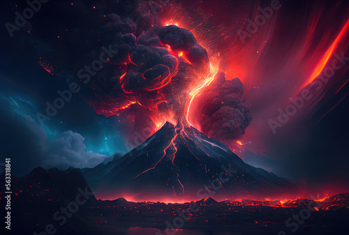 Obraz na płótnie The volcano erupted with hot lava and black smoke covering the sky