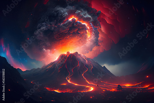 Fotografie, Tablou The volcano erupted with hot lava and black smoke covering the sky