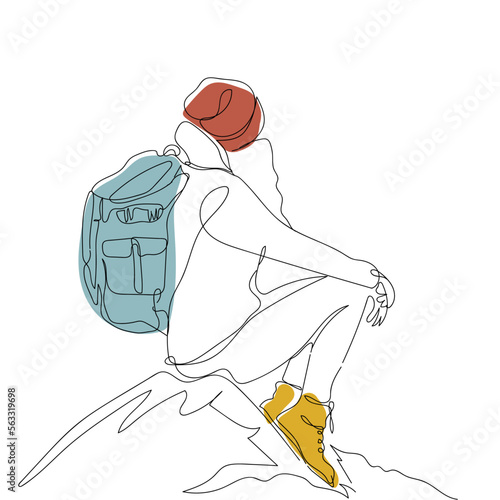 TRAvel girl in hat sitting on cliff mountain hiking with backpack continuous one line drawing in boots
