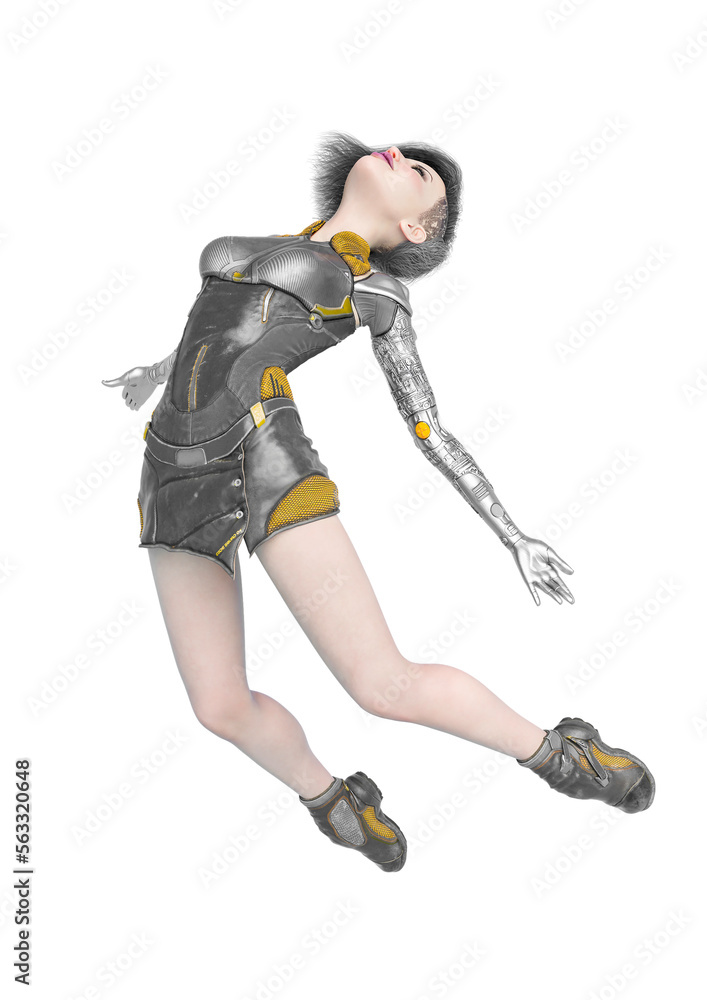 cyborg girl floating in a white background cyborg girl floating in a white background