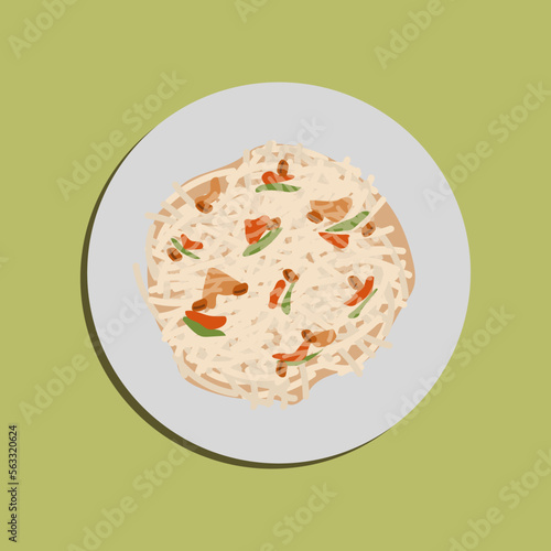 Papaya salad (Som Tam) , Thai food, in banana leaf dish on traditional mat decorating with ingredients such garlic, shallot, papaya, tomato, cow pea, Fermented Rice Flour Noodles, Food illustration
