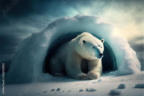 Polar bear sitting in an igloo.. Concept for loneliness and  disappearance of species. Environment. Illustration. Generative art.