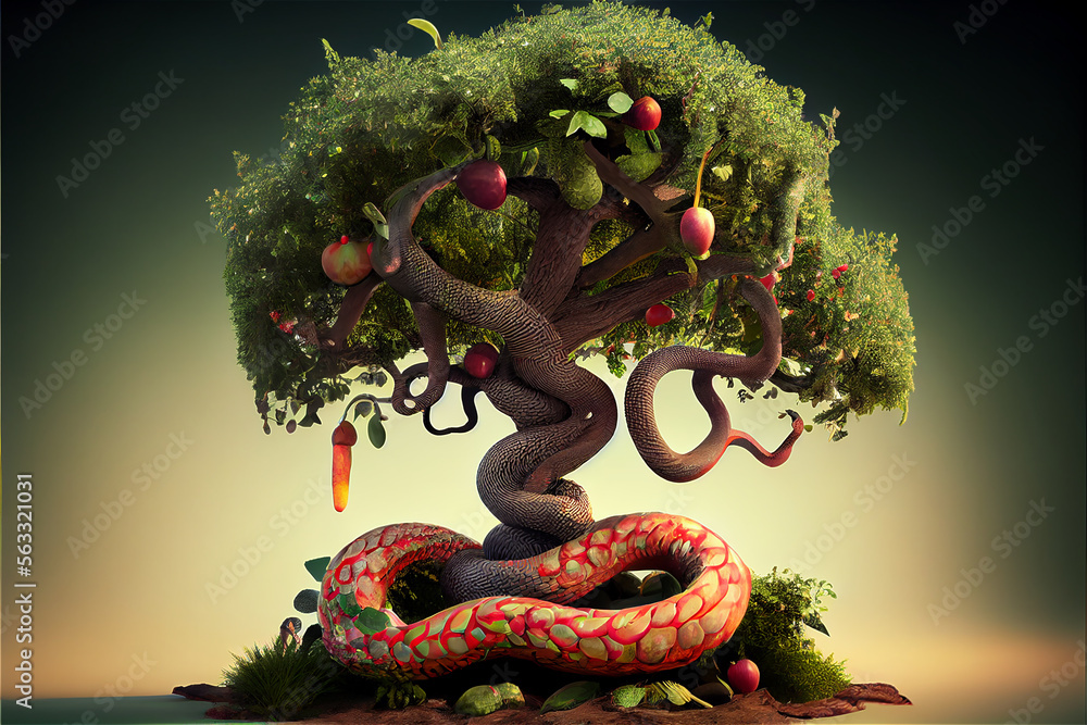 The biblical tree of knowledge with the apples and the serpent