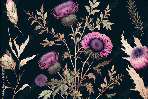 Obraz na płótnie Vintage floral botanic patten with thistle and wildflowers, generative ai