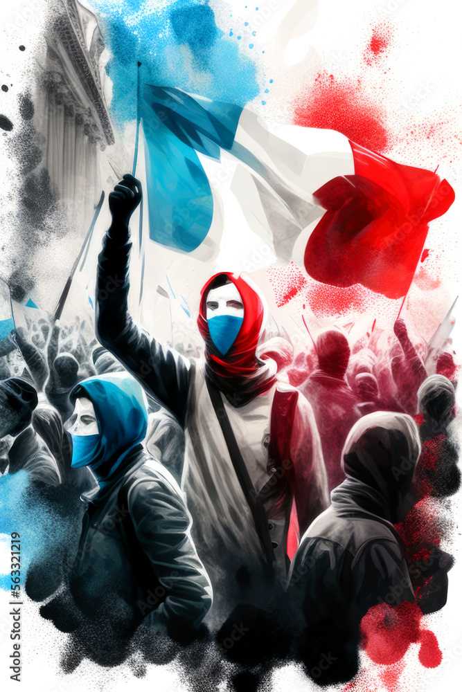 Manifestations en France. Réforme des retraites. Gilets jaunes en grève. Mouvement social, mobilisation générale. Illustration style dessin à la main. Generative AI